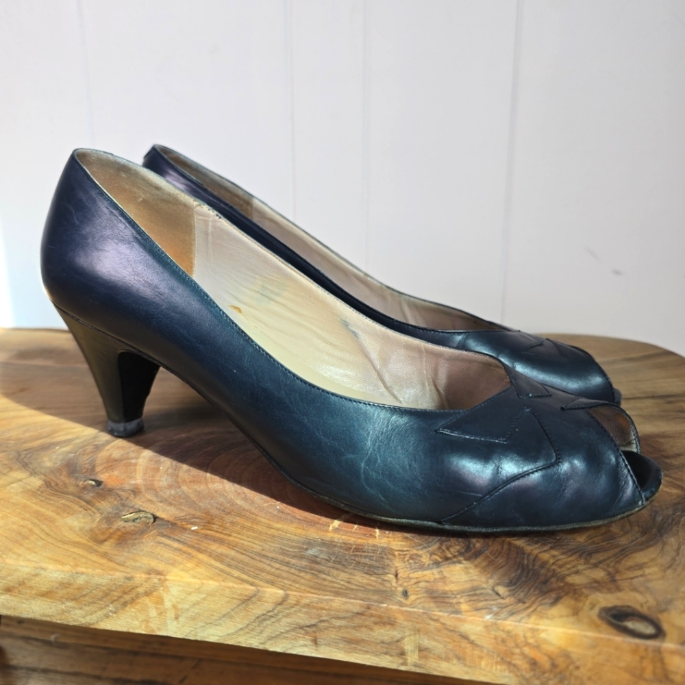 Elegant Leather Navy Peep-Toe Heels Size 8.5